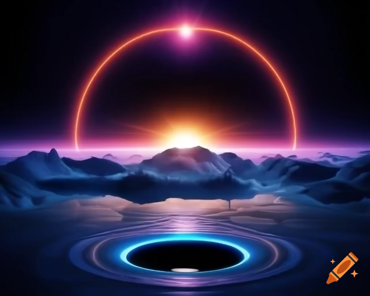 Hyperrealistic black hole in space surrounded by stars with blue and orange rim lights