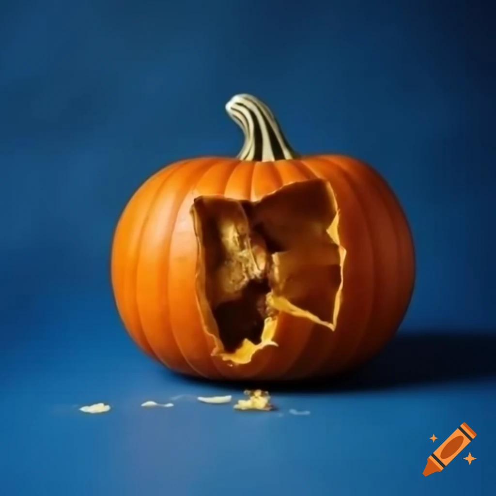 Cracked pumpkin against blue background