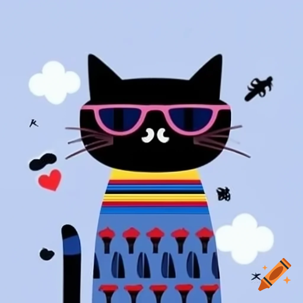 Cartoon art of black cat with pajama stripes and sunglasses