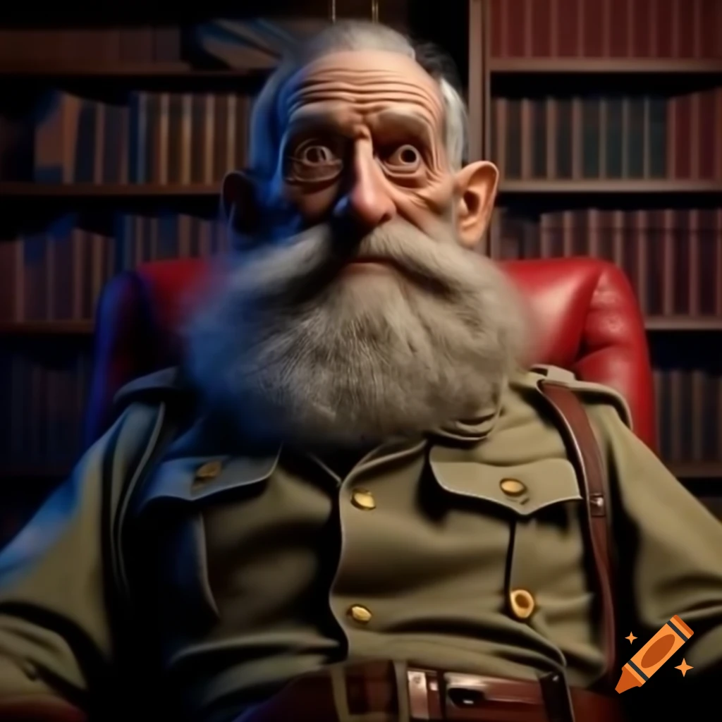 Eccentric war-worn man combining Vietnam War veteran traits and 1970s psychedelic style