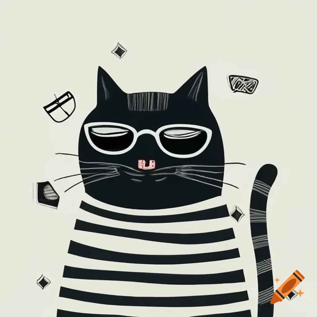 Cartoon art of black cat with pajama stripes and sunglasses