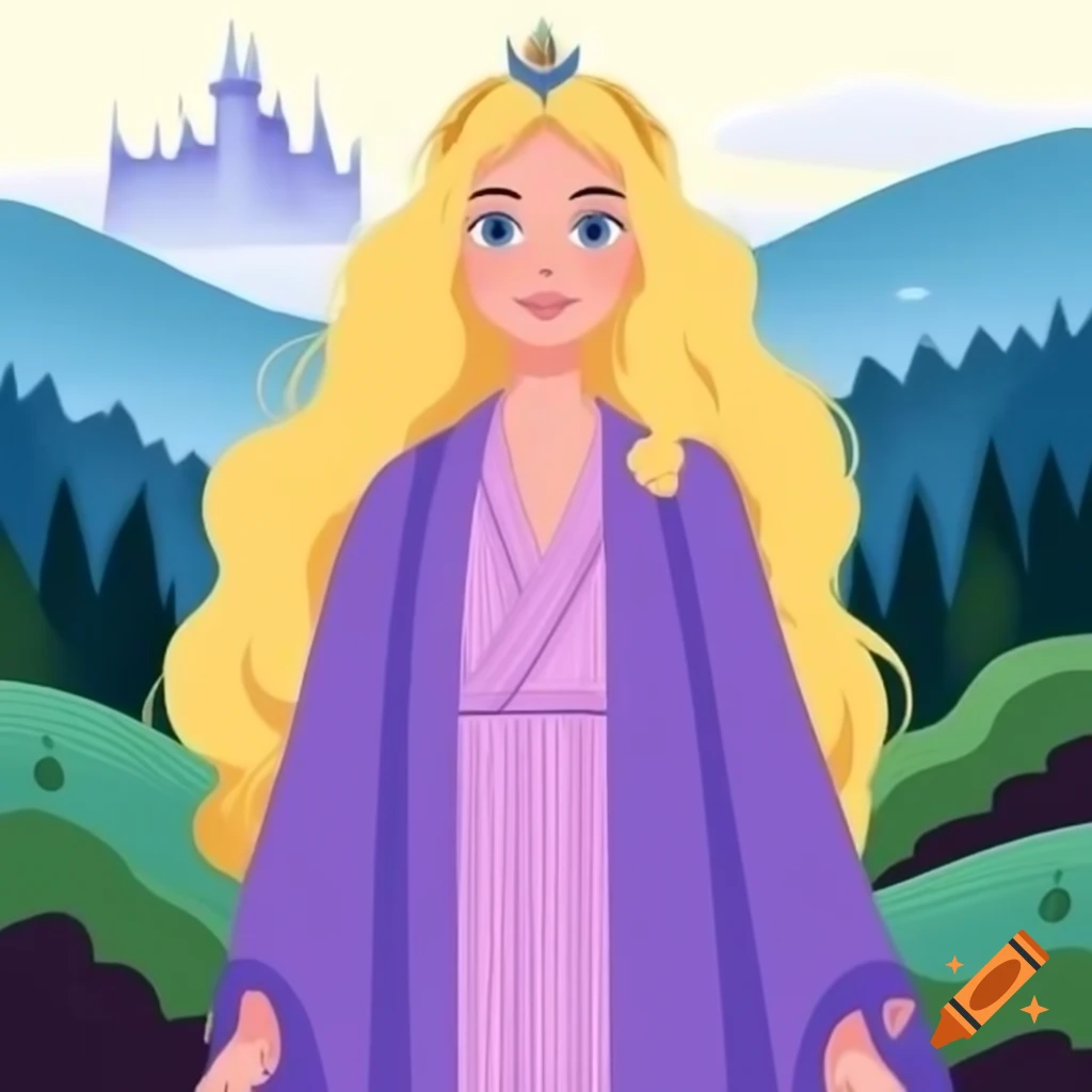 Young woman princess in purple robe with blonde hair, castle and forest in springtime