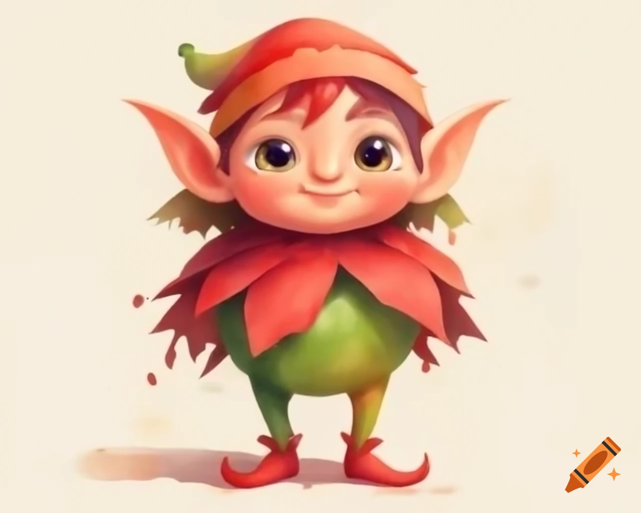 Cartoon gum nut baby elf in watercolor shades of red, green, and gold