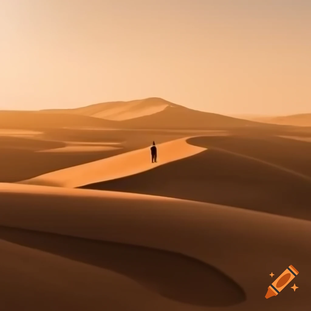 Solitary figure walking on vast sand dunes with warm glowing light