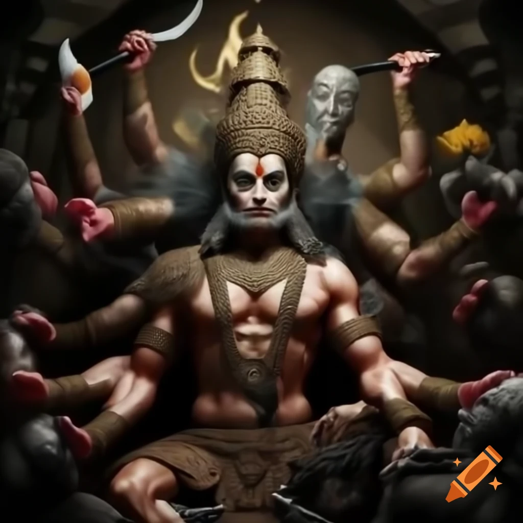 Powerful Indian mythic god with sculptures in hyper vedic background
