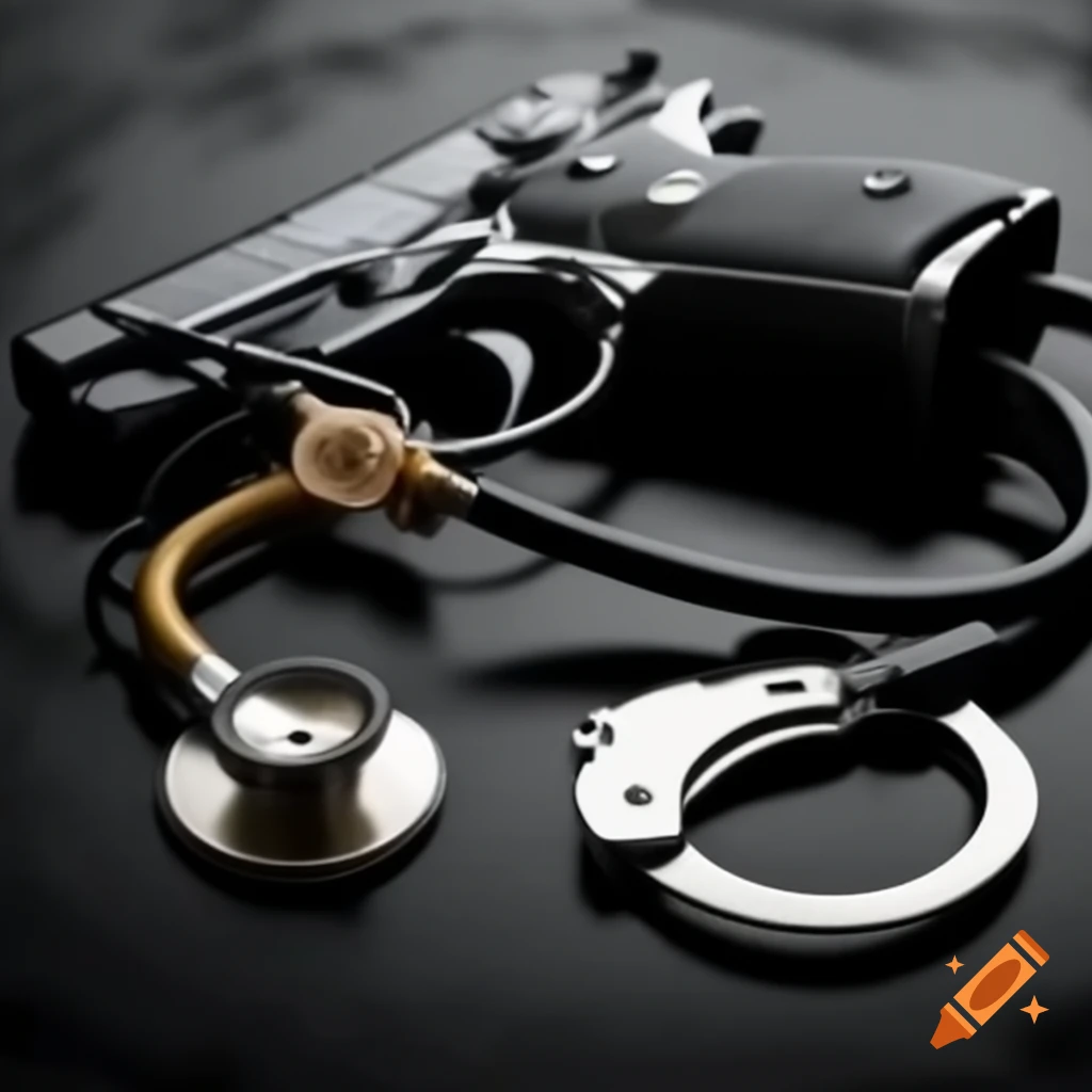 Stethoscope connected to a pistol with handcuffs and wedding rings