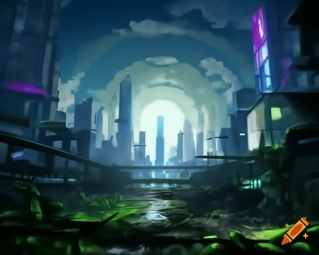 Cyberpunk city skyscrapers from ruined overgrown outskirts