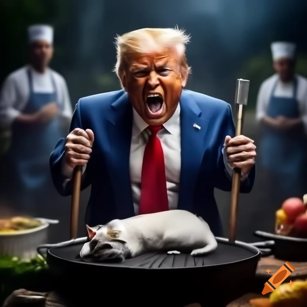 Angry Donald Trump with spatula grilling at cookout with sleeping kitten