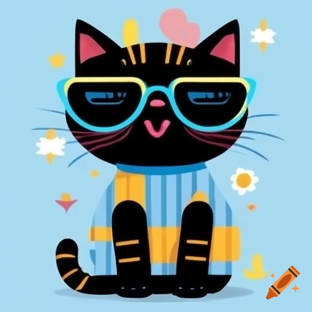 Cartoon art of black cat with pajama stripes and sunglasses