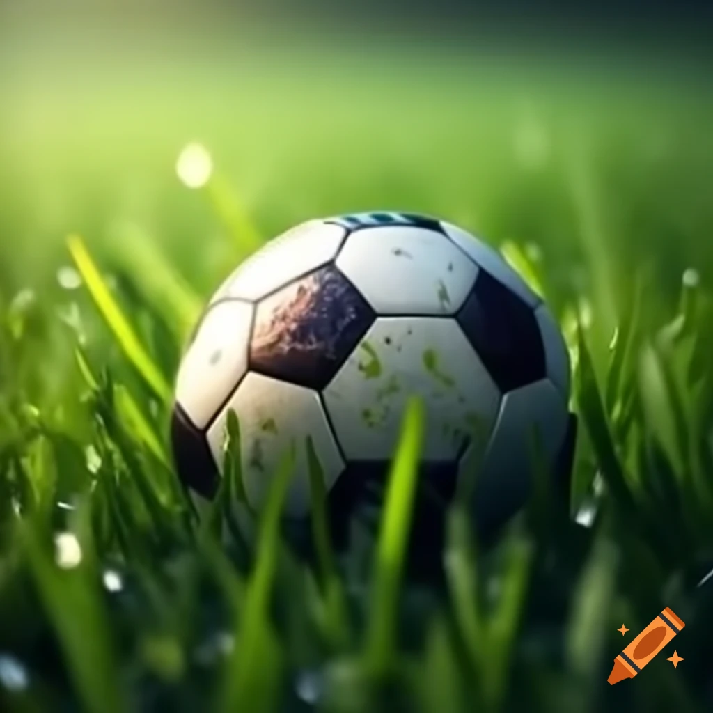 Realistic soccer ball on dewy grass