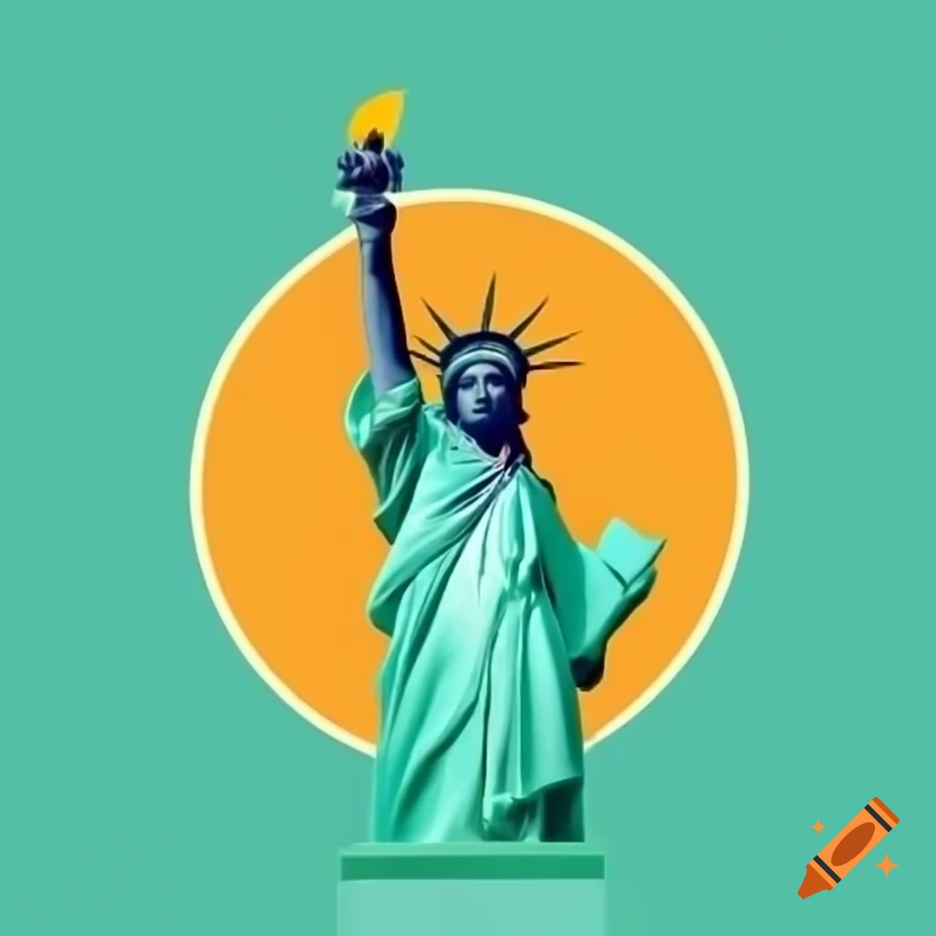 Minimalist emblem of Statue of Liberty holding a torch with sharp lines