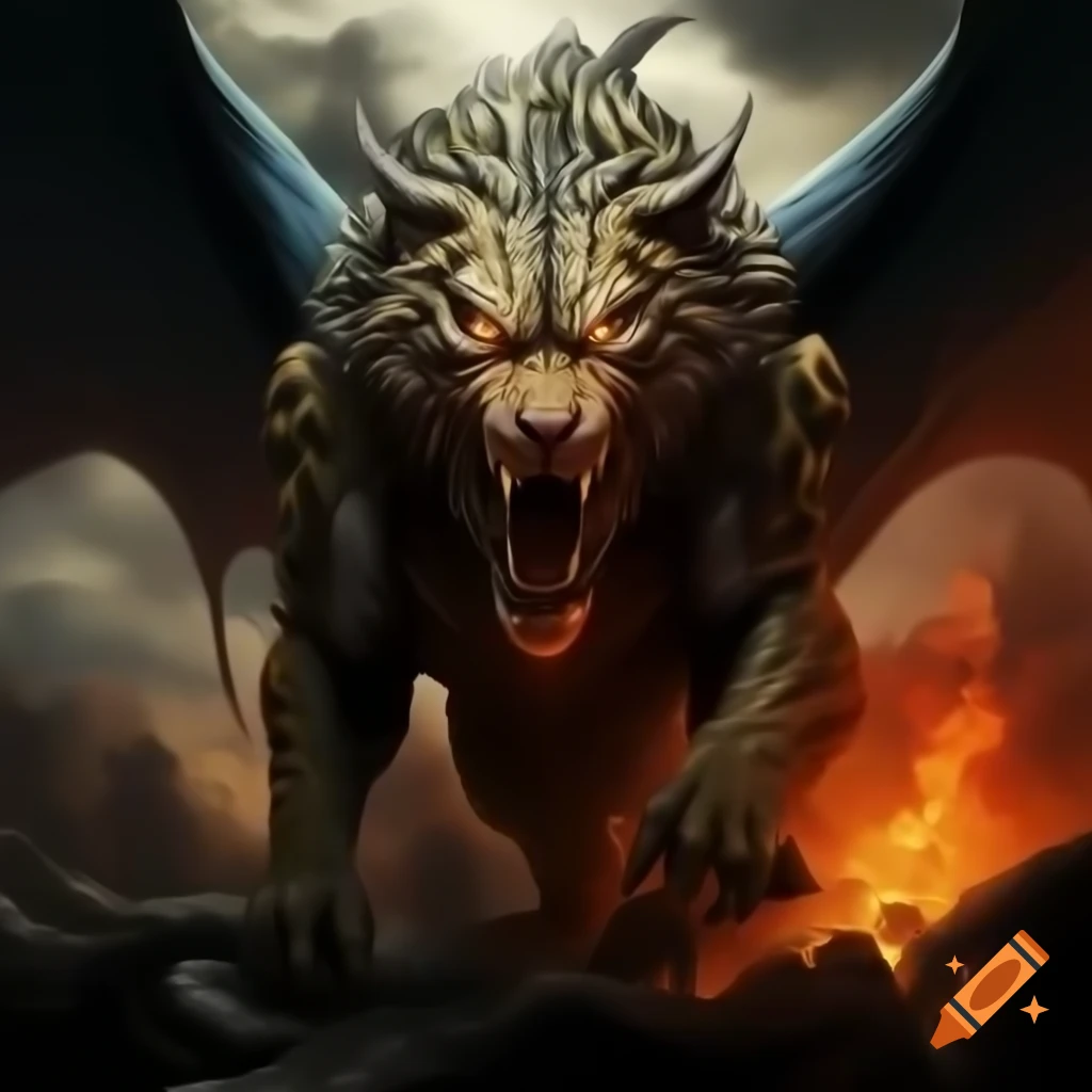 Mythical creature hybrid of tiger and fire dragon with powerful body and wings