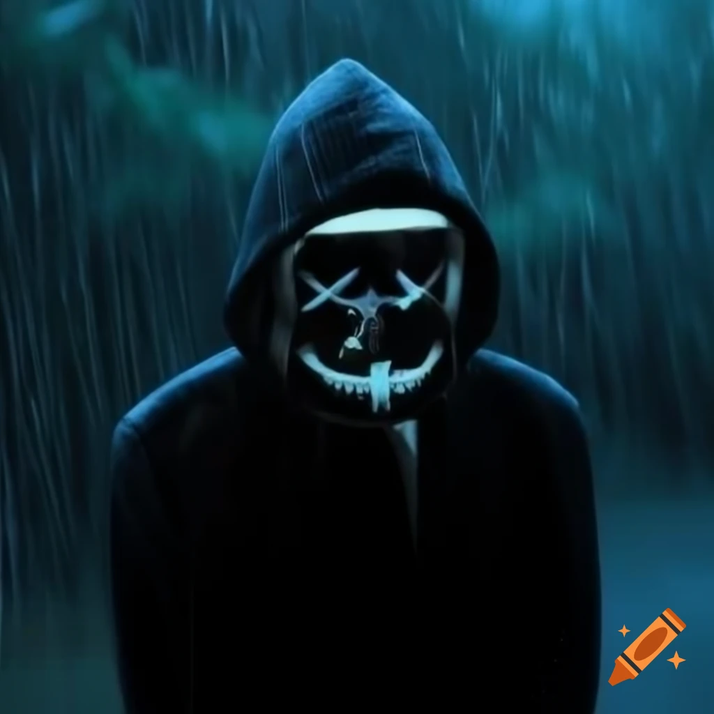 Person in black hoodie and white mask standing in rain with melancholic atmosphere