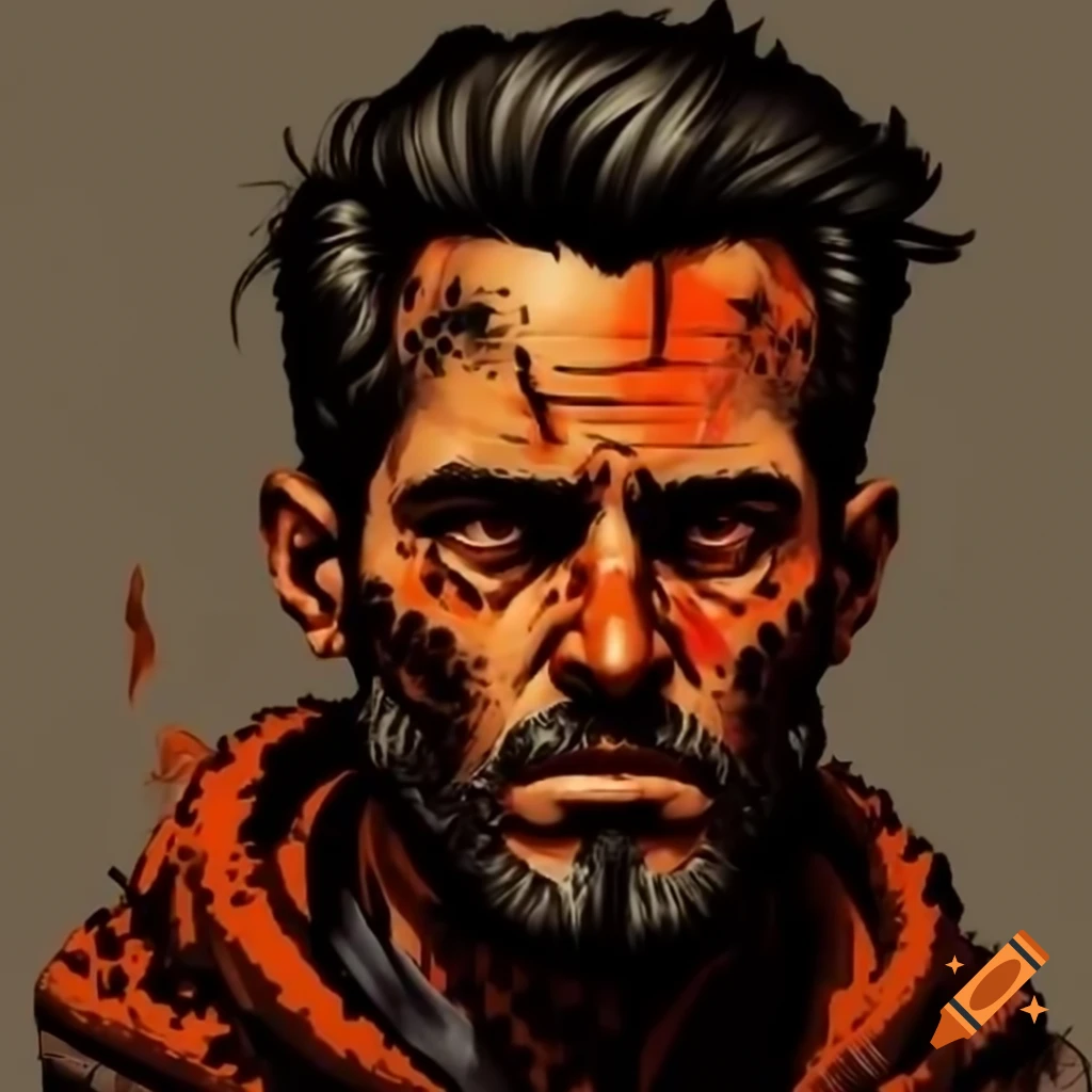 Post apocalyptic Man With Half Burned Face In Poncho Full Body Side 