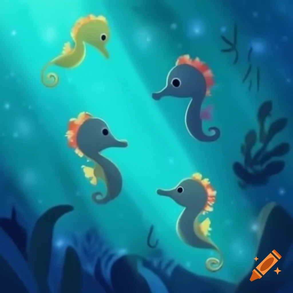 Cute seahorses swimming in a starry dreamscape