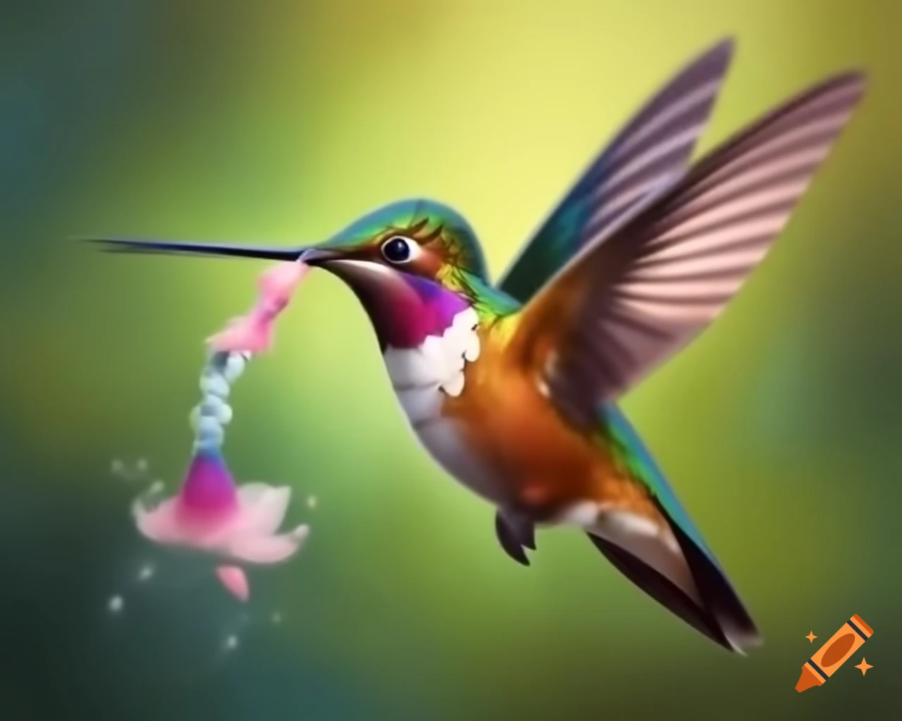 Realistic hummingbird hovering with brown and gold plumage in cartoon watercolor style