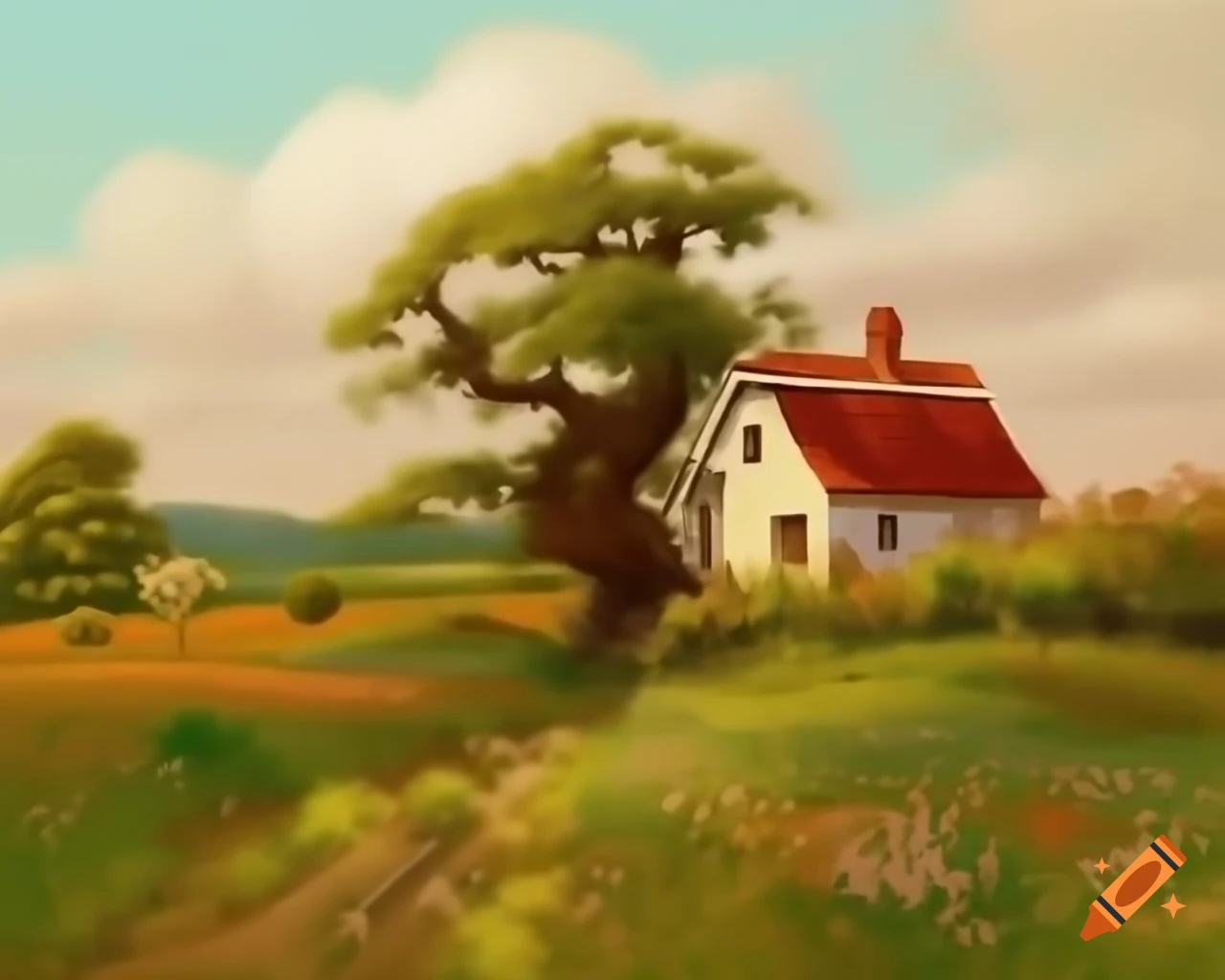 Cottagecore landscape painting of rural house with flowering vines and twisted tree