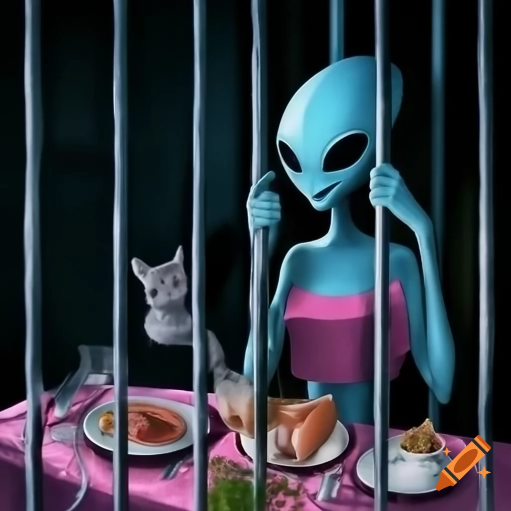 Transgender alien behind bars with a cat on a dinner plate