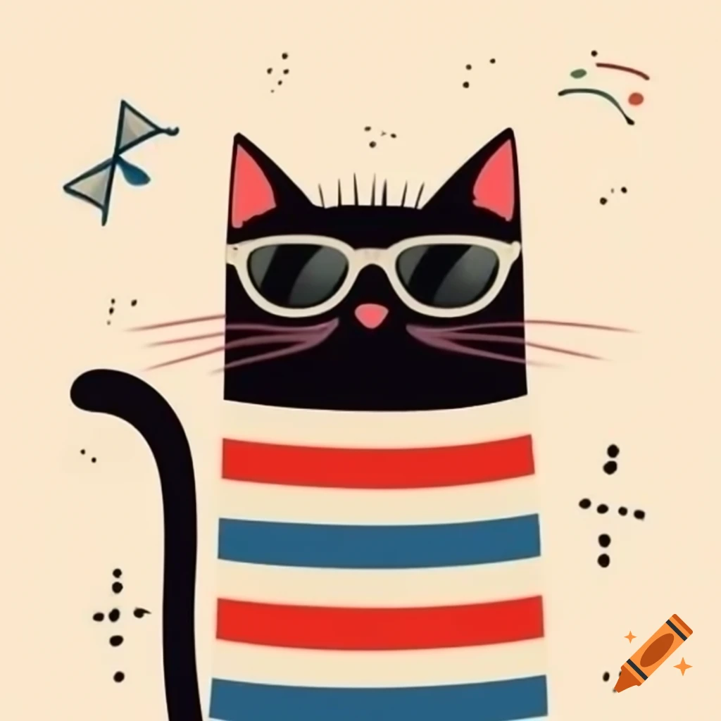 Cartoon art of black cat with pajamas stripes and sunglasses