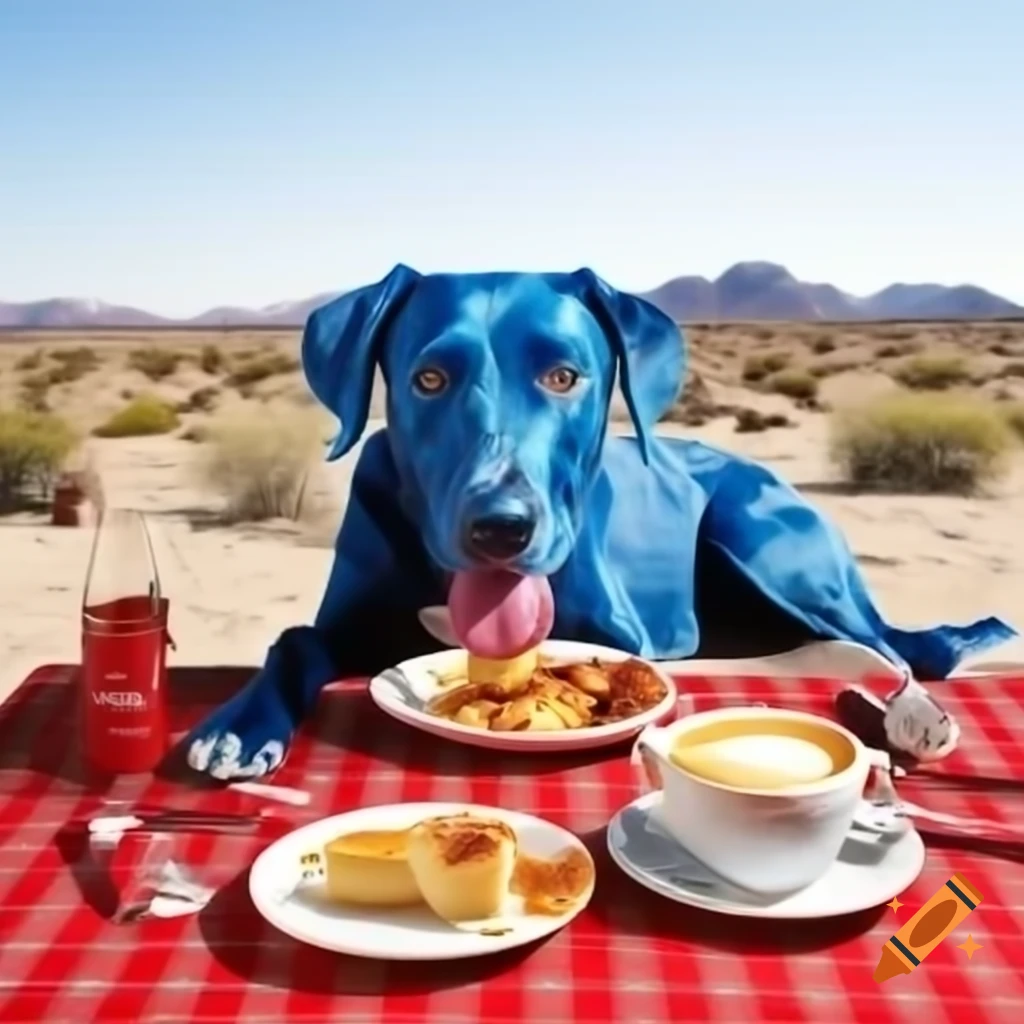 Blue dog eating breakfast in the desert captured with a GoPro