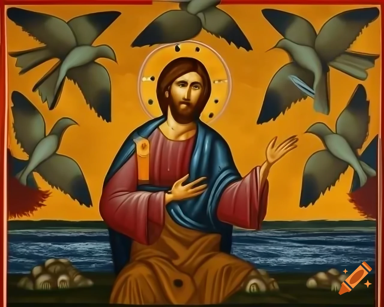 Byzantine mosaic of Jesus surrounded by birds and water, by Svetoslav Roerich