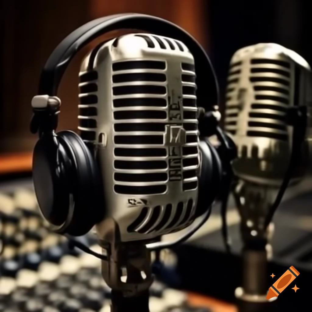 Vintage microphones and headphones in a radio station booth