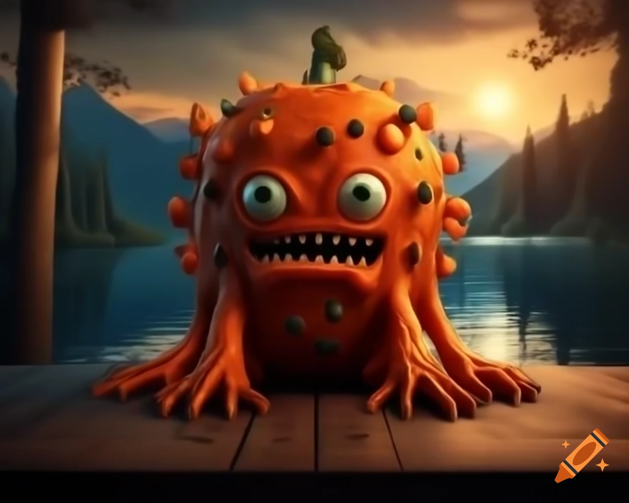 3D orange tree monster with human face on wooden table in forest