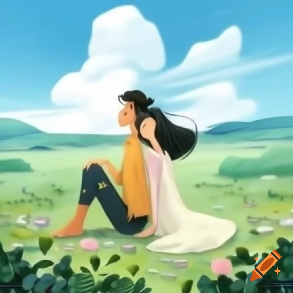 Okiyo-e illustration of couple in garden gazing at the sky
