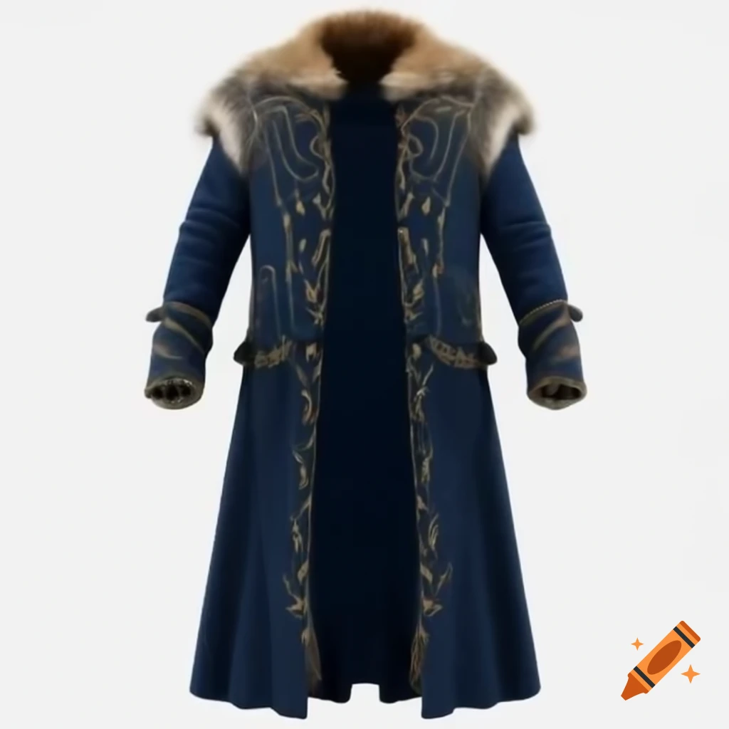 Medieval viking long coat in dark blue with golden designs and fur shoulders