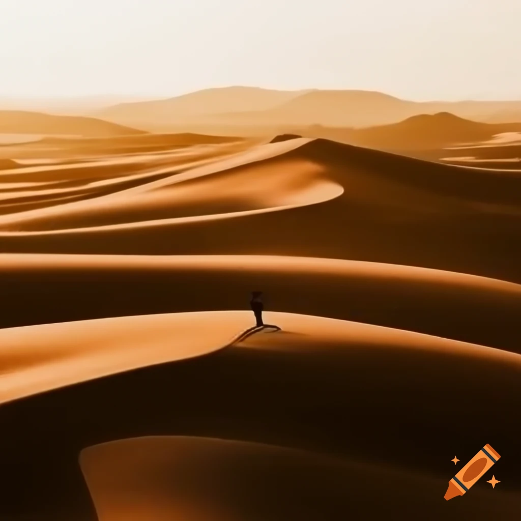 Solitary figure walking on sand dunes with warm glowing light
