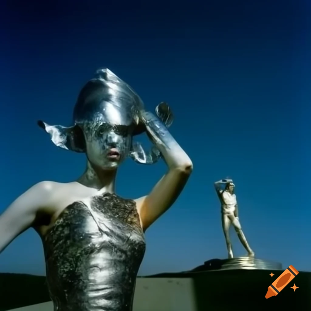 Pop surreal photography featuring a silver statue from the 2000s