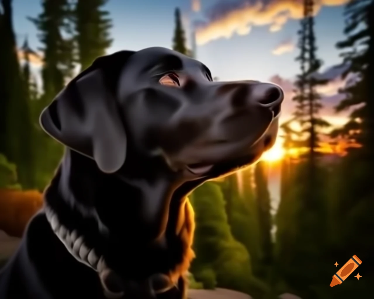 Black Labrador Retriever close up in forest with trees