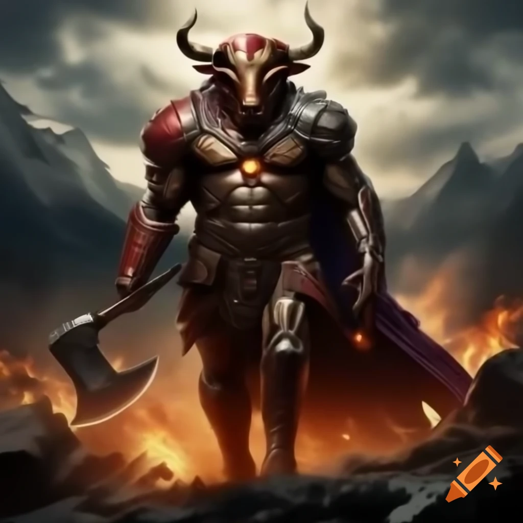 Bull-headed warrior standing powerful on battlefield