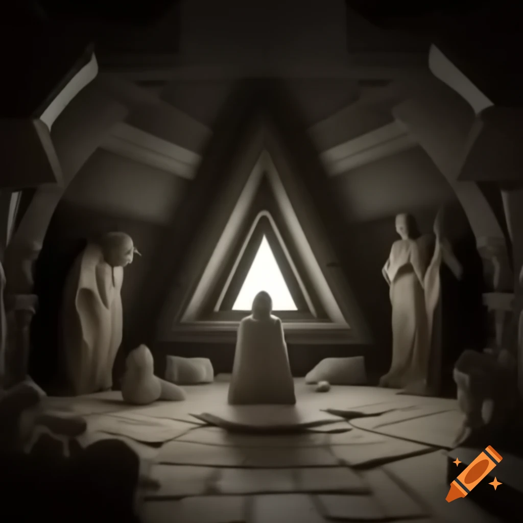 Dungeon interior with three statues depicting healer, teacher, and beggar forming a triangle