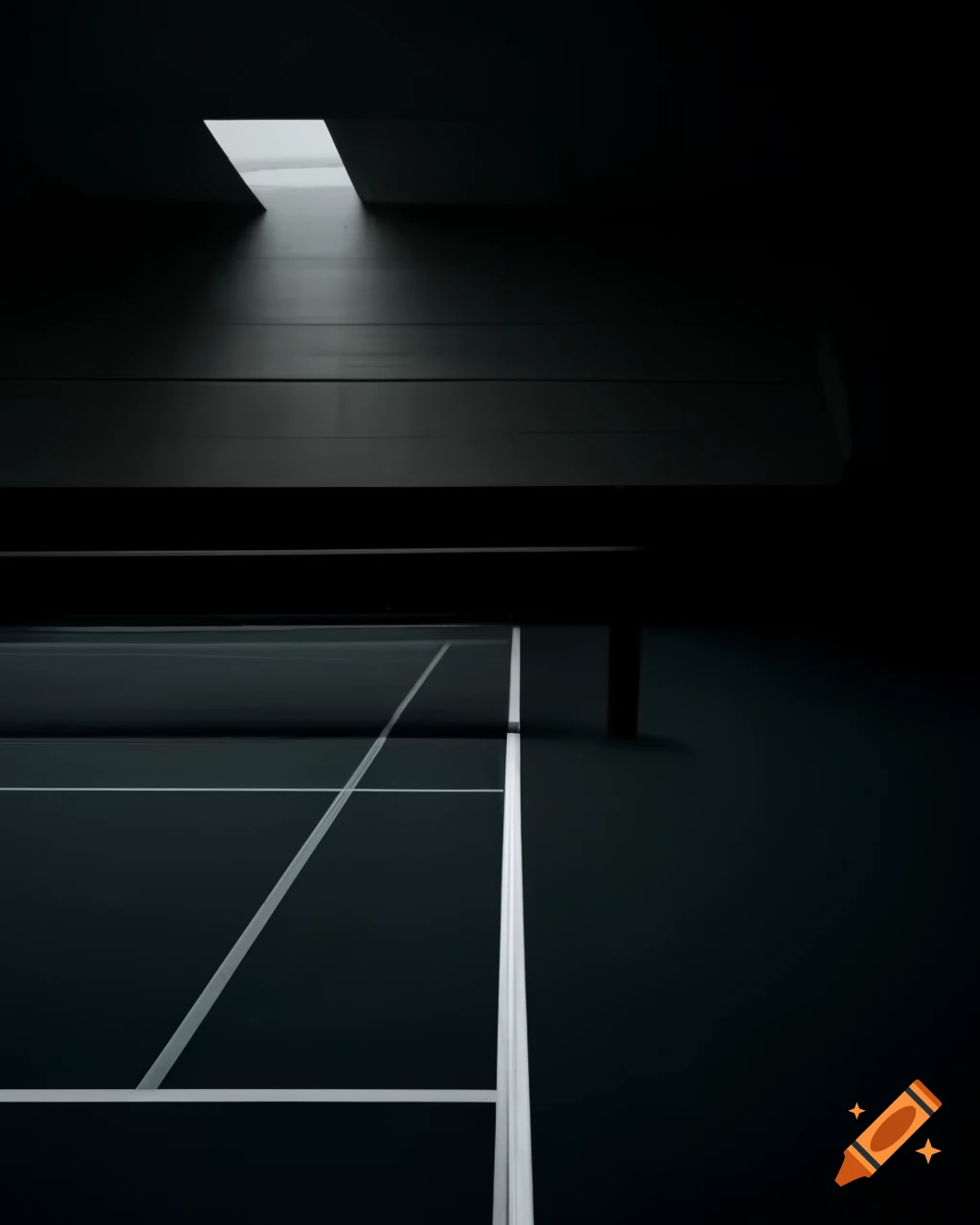 Indoor black tennis court with concrete brutalism and dark lighting, photorealistic style