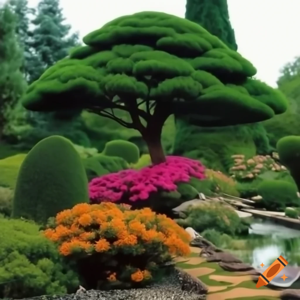Garden featuring azalea bush, cedar tree, juniper tree, orange birds of paradise, and trinette schefflera