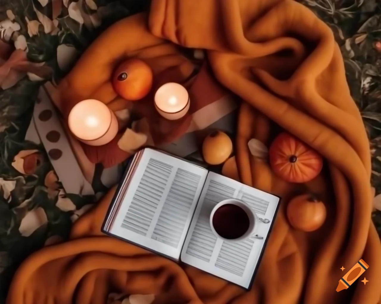 Cozy autumn scene with pumpkin, book, hot beverage, blanket, autumn leaves, and candle