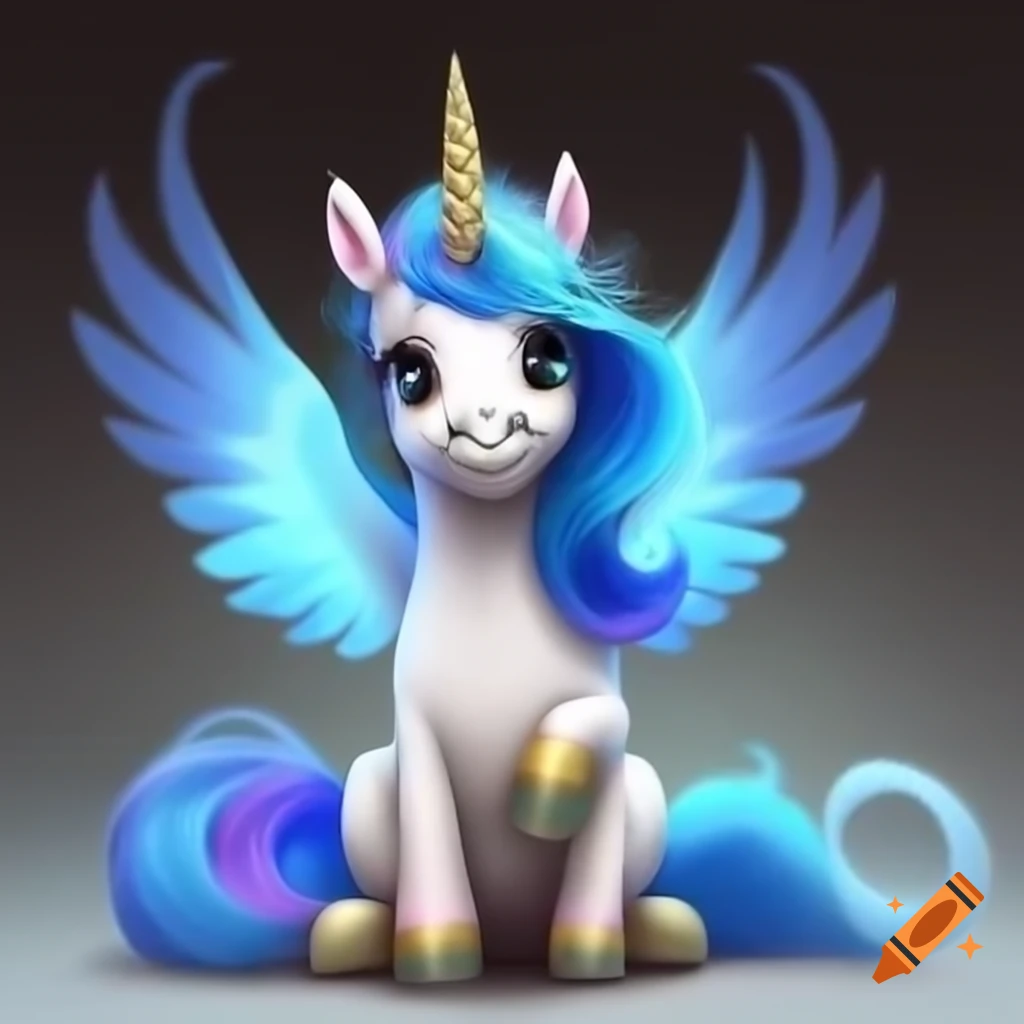 Seated unicorn with blue mane and blue wings