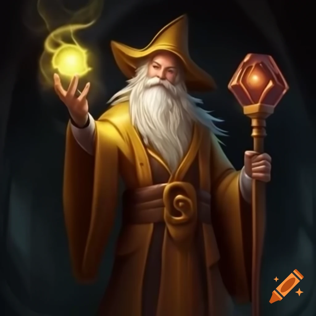 Wizard in golden robes wielding staff with light magic orb