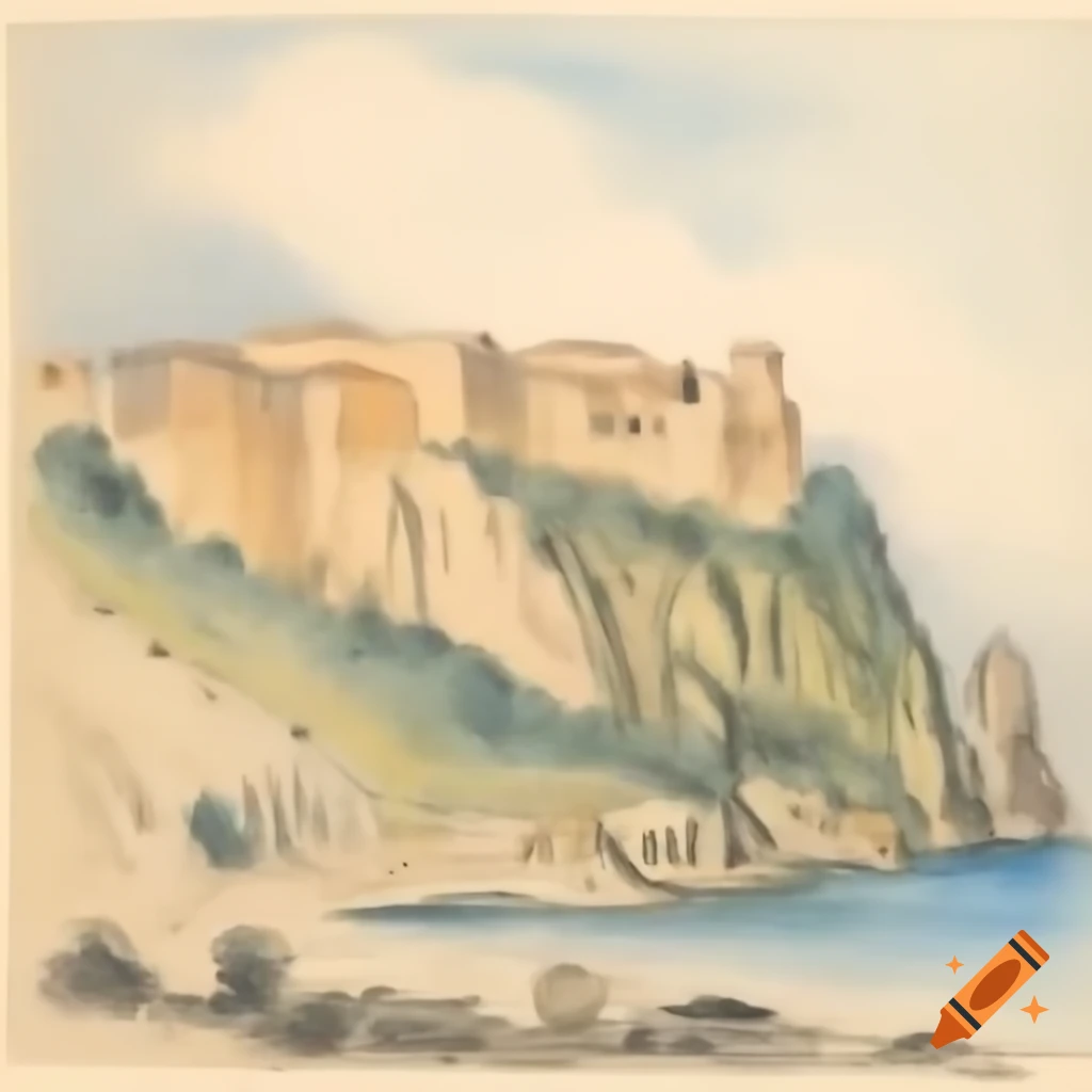 Colored sketch of Porto-Ferrajo cliffs and fort in the 1800s