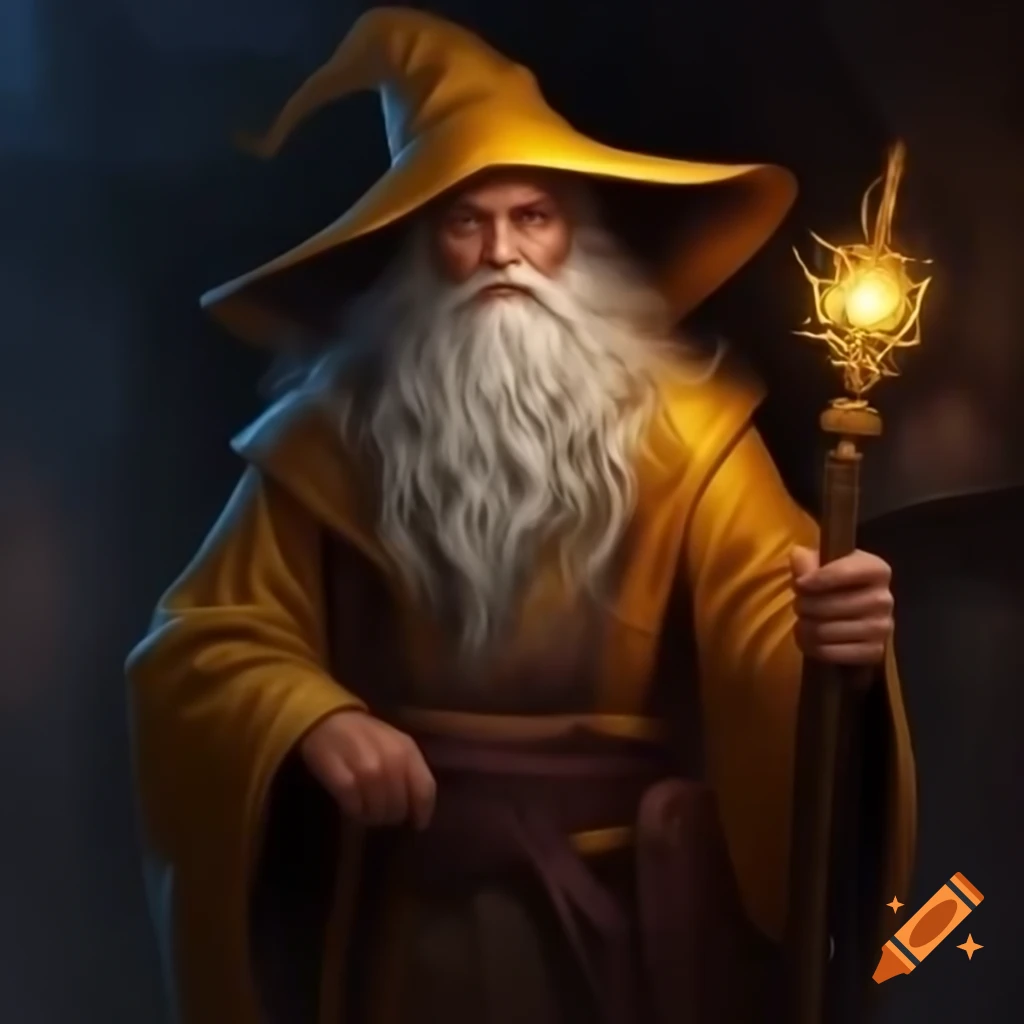 Old wizard in golden robes using light magic with geometric staff and orb