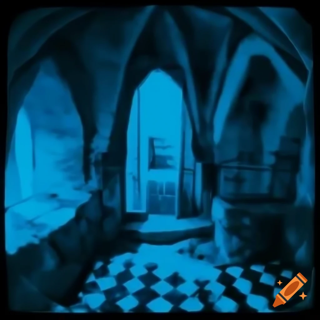 Abstract art depicting liminal prisoner king in castle with blue hues and smudgy ink