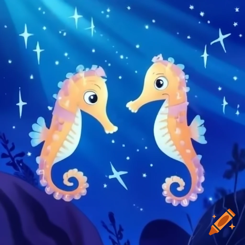 Cute seahorses swimming in a starry dreamscape