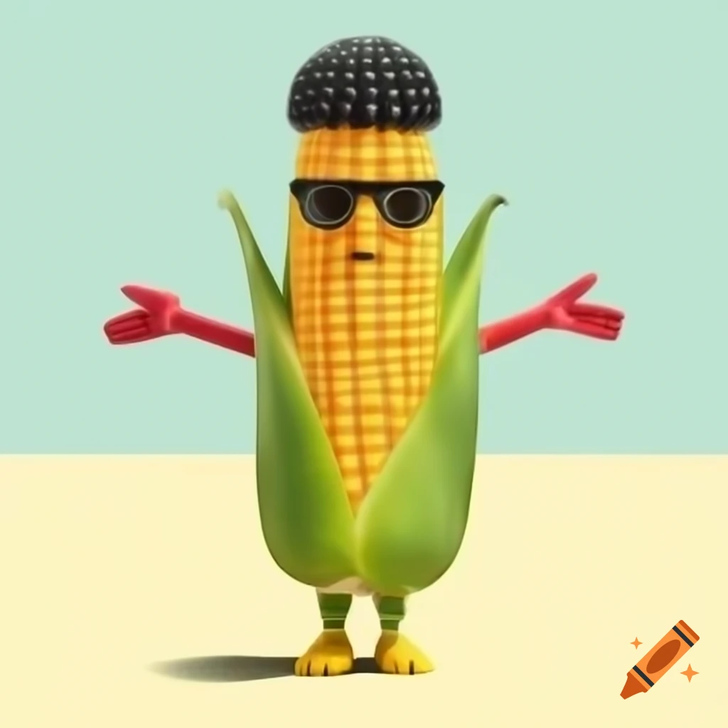 Personified female corn with face, arms, legs, and sunglasses in 2D illustration