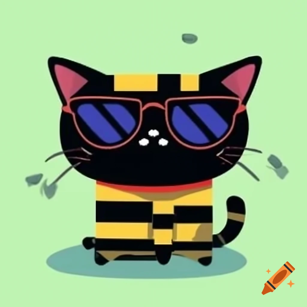 Cartoon art of black cat with pyjama stripes and sunglasses
