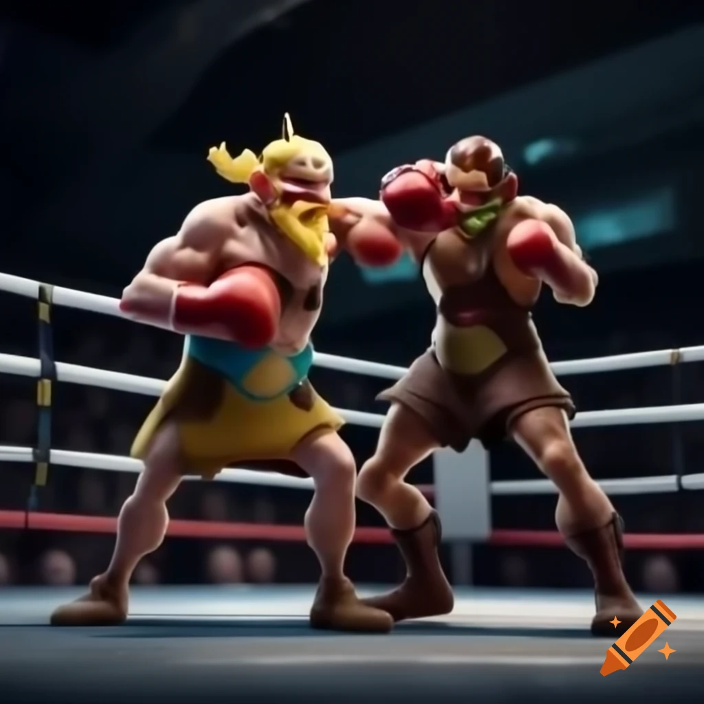 Asterix facing Iron Man in a boxing ring