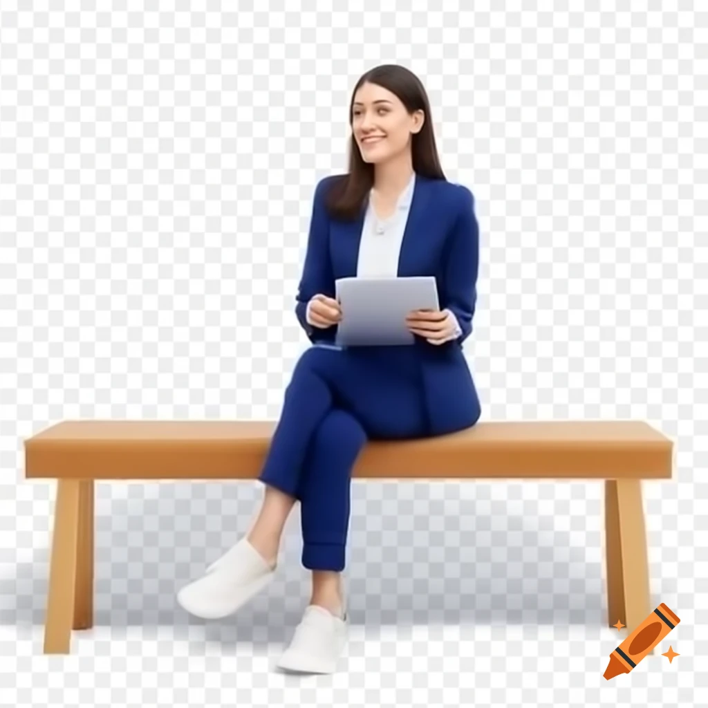 Latino executive woman in blue suit and white shirt sitting on a bench