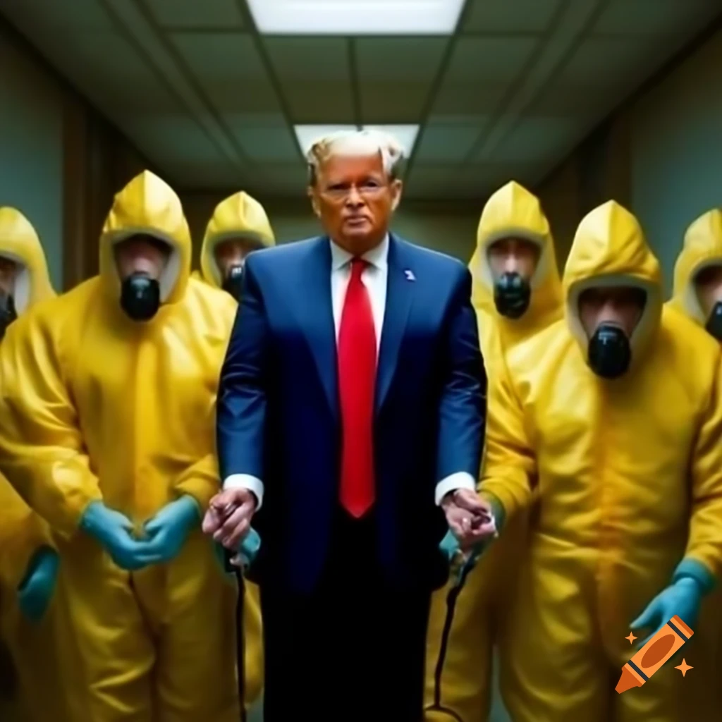 Photorealistic satire of Donald Trump handcuffed by men in yellow hazmat suits