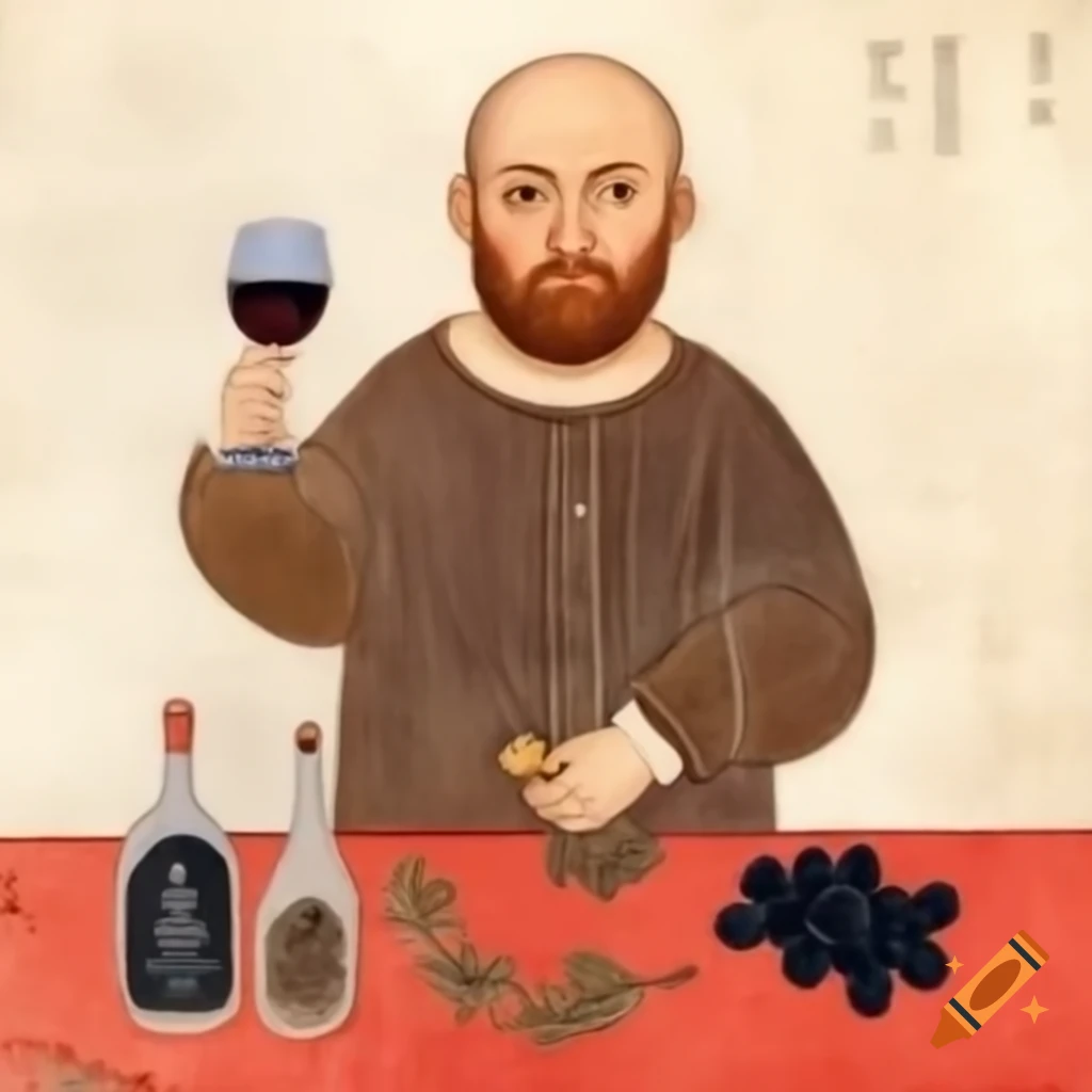 Medieval manuscript of bald bearded man producing wine from black grapes