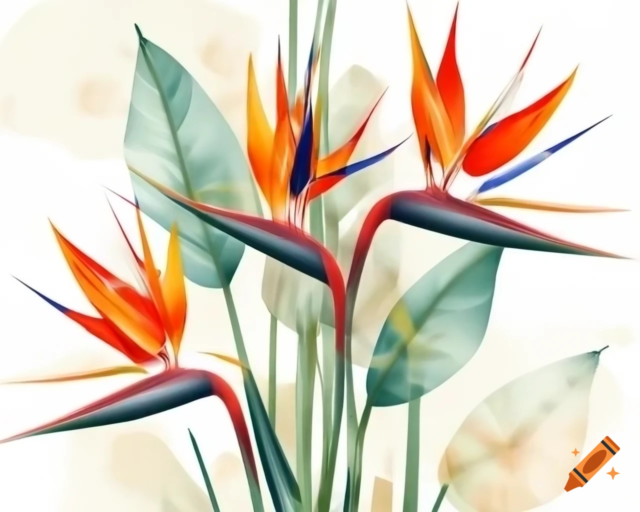 Bird of paradise in watercolor shades of red, black, and gold, storybook style